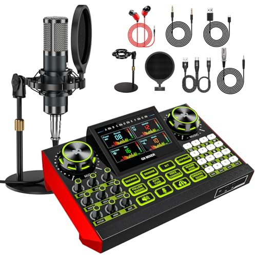 TENLAMP G9 Podcast-Equipment, Audio-Interface mit Soundeffekten, 3,5mm Kondensatormikrofon-Set, Tischstativ, Hall-Regler, Stimmenverzerrer, Rauschunterdrückung, Monitoring, für PC, Handy, Streaming