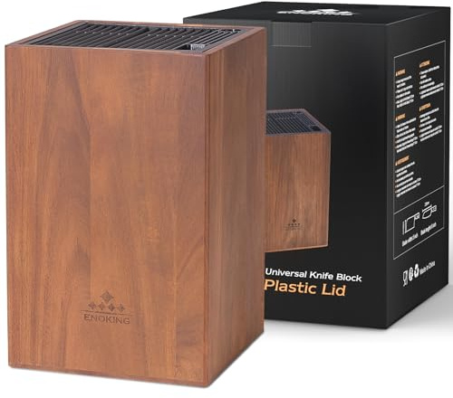 ENOKING Porta Coltelli Cucina Con coperchio in Plastica, Portacoltelli da Cucina in Legno di Acacia, Ceppo Coltelli Vuoto di Alta Qualità per Coltelli/Bastoncini per Affilare