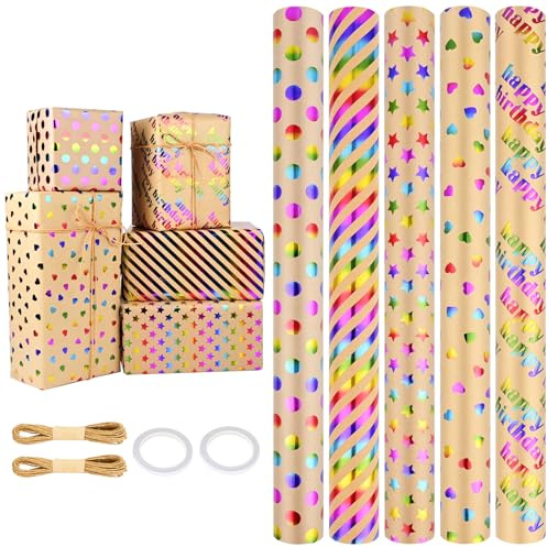 Presentpapper, 5 rullar 43 x 300 cm presentpappersset, omslagspappersrulle, med band och klistermärken, omslagspappersrullar för presentlådor och dekoration