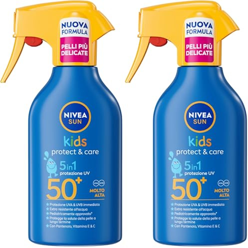 NIVEA SUN Kids Maxi Spray Protect & Care SPF 50+ 270 ml, Crema solare 50 bambini 3+ anni, Protezione solare 50 bambini spray extra resistente all'acqua e al sudore con Pantenolo, Vitamina C & E