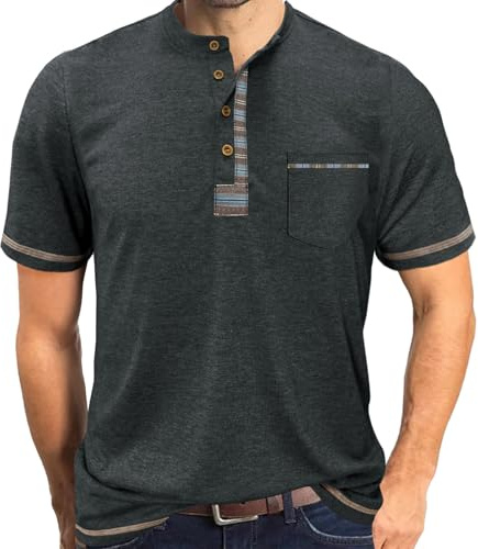 LAOARA Tee Shirt Homme Tshirt Manches Courtes Col V Tunisien Henley Ete avec Poche Boutons Top M-3XL