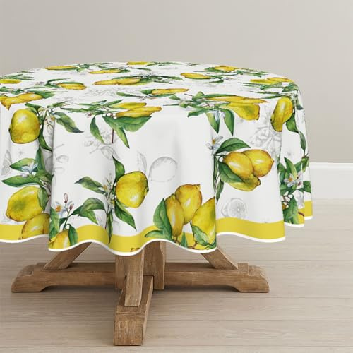 Artoid mode gul citron blommigt bakgrundsmönster sommar bordsduk rund 120 cm, säsongsbetonat fläckskydd bordslinne kök dekoration festdekor
