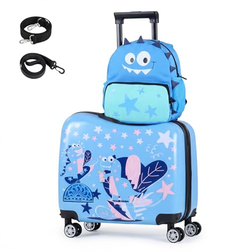 HOMFME 2PCS Kids Luggage Set, 46cm Children Ride on Suitcase with 26cm Backpack, Anti-Lose Rope, Adjustable Handle, Boys Girls Carry on Suitcase Trolley Case for Travel School (Dinosaur, Blue)