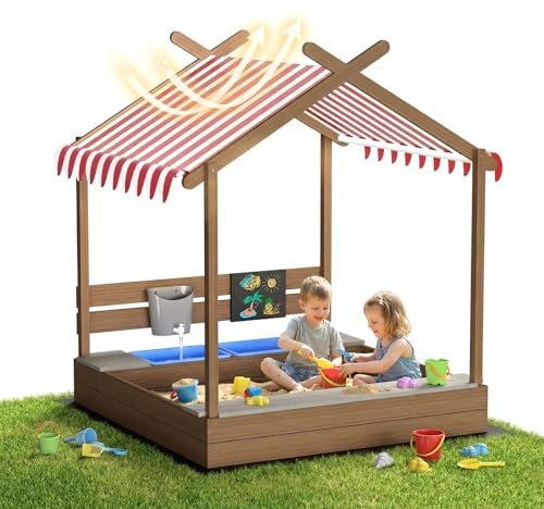 MAMIZO Arenero Grande de Madera para Exterior, Arenero Niños de 3 a 10 años, Sandbox con Techo, Pizarra, Grifo, 2 Barreño, Arenero Infantil para Jardines, Patio, Balcones, Multijugador, 113x116x142cm