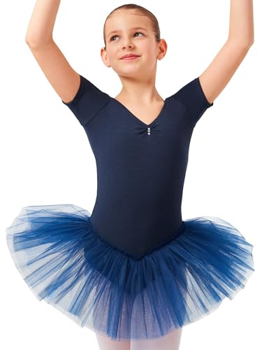 tanzmuster ® Ballettkleid Mädchen Tutu - Nele- aus weichem Baumwollstoff mit Glitzersteinen fürs Kinder Ballett Ballettbody Ballett Trikot, Marineblau 104-110