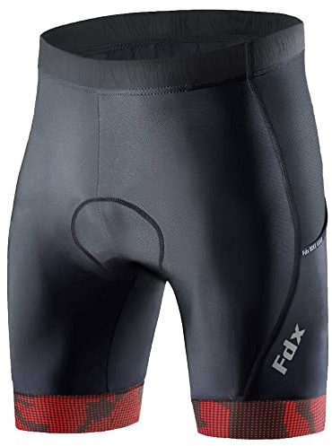 FDX Cycling Shorts Men's - 3D Anti-Bac Padded All Day Bike Shorts with Powerband Leg Grippers, Side Pockets - Breathable, Quick Dry, Anti-Slip Hi-Viz Bicycle Tights, Biking Half Pants (Red - L)