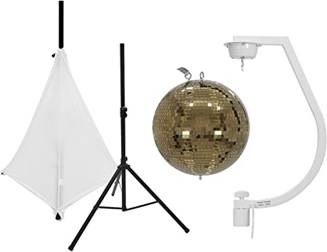 EUROLITE Set Spiegelkugel 30cm gold mit Stativ und Segel weiß | Goldene Spiegelkugel inkl. Stativhalterung mit Motor, Stativsegel und Boxenhochständer