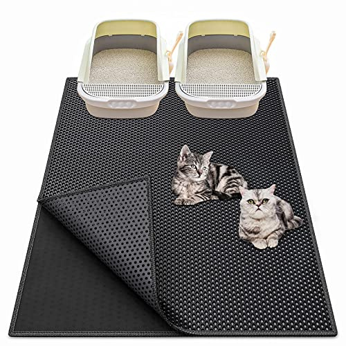 Waretary Cat Litter Box Mat: 36x 30 Waterproof Kitty Cat Litter Trapping Mat, Easy-clean Double-layer Scatter Control Pad Rug (Black)