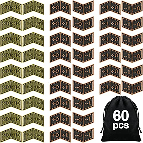 60 Stücke Metall Zähler mit Samt Kordelzug Beutel Antike Gold Metall Marken Token Doppelseitige Magische Sammel Zähler Kompatibel mit CCG, MTG