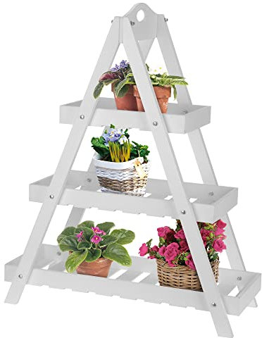 URBNLIVING 3-Tier Triangular Wooden Plant Ladder Stand Rustic Garden Flower Display Shelf (White)