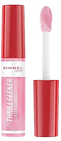 Rimmel Thrillseeker Glassy Gloss 150 Pink Candy, Hydrating Shine, Hyaluronic Acid, Anti-Oxidant Complex, Non-Sticky, Big Applicator, Healthy-Looking Lips, Delicious Scent, Vegan, Cruelty Free