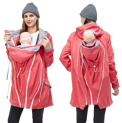 MaisMa 4-in-1 Rain Jacket Waterproof Maternity Parka for Back or Chest Wear, All-Weather, Softshell Jacket (Coral, XXL)