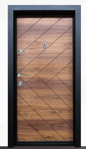 Portone Blindato Laminato per Ingresso Color Rovere con Dettagli Neri con Spioncino 2 Serrature Indipendenti Porta 90x200 PL54 (Interna destra)