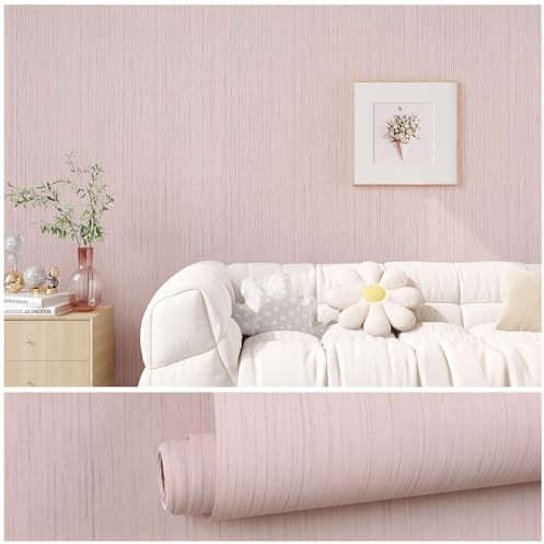 VEELIKE Papel Pintado Tela de Hierba Rosa 40cm×900cm Papel de Pared Rosa y Gris Papel Tapiz Texturizado Tela Papel Pared Baño Impermeable Papel Adhesivo para Decoracion Habitacion Cocina Extraíble