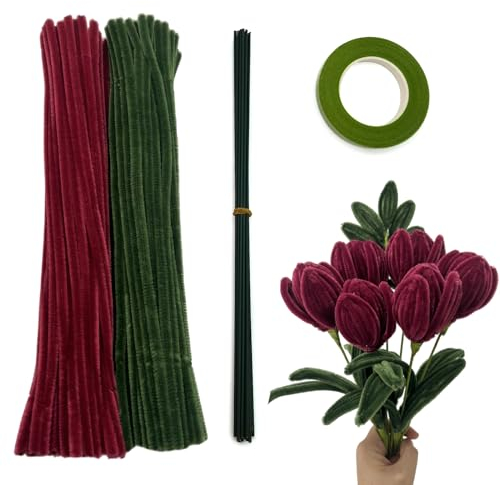 200 Stück Pfeifenputzern mit Blumendrähten und Blumenband,Pfeifenreiniger-Kit Chenilledraht für die Herstellung von Tulpensträußen, DIY-Bastelprojekten und Dekorationen (weinrot + grün)