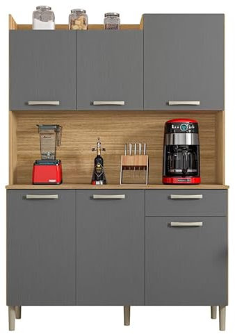 ACTUAL DIFFUSION Buffet de Cuisine 6 Portes 1 Tiroir Chêne et Gris L 121.5 H 176 P 36.3 cm