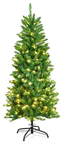 GOPLUS 150 konstgjord julgran med belysning, julgran med PVC-blad och metallstativ, konstgjord julgran, för jul