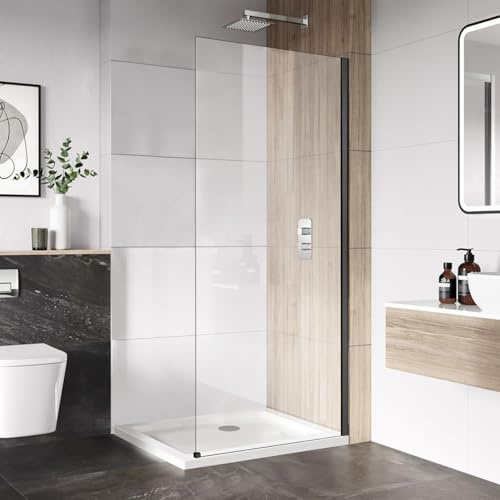 34 W x 74 H Shower Glass Panel, Frameless Fixed Shower Screen with 5/16 (8mm) Clear Tempered Glass, 20mm Adjustable Width, Nano Coating (Matte Black, 34 W x 74 H)