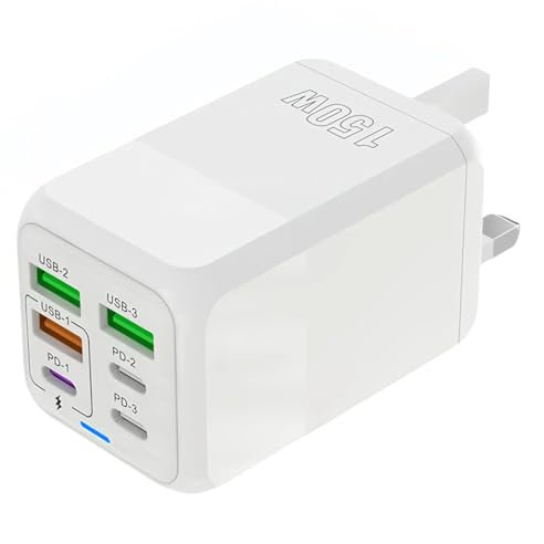 USB C Plug Fast Charging,USB C Plug,150W Fast Charger Plug, 6-Port Charger (3PD Type C port+3QC USB A port), UK wall charger charging plug, compatible with iPhone 11/12/13/14/15 series/XS/XR/8/iPad