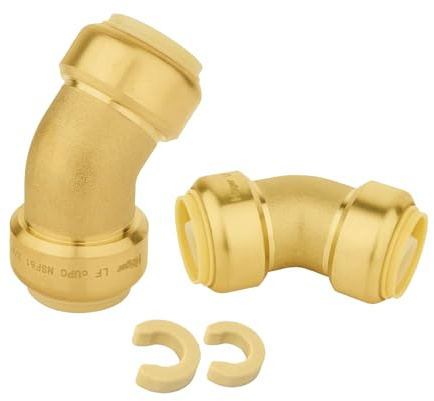 (2 Pack) Foskan 1/2 x 1/2 Brass 45 Degree Elbow, Push-to-Connect Pex, Copper and CPVC Pipes, Push Fit Fittings Includes Removal Clip