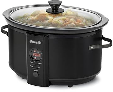 Brabantia Olla de cocción lenta XXL - 6,5 litros, 8 personas, función mantener caliente, tapa de cristal transparente, cacerola interior de cerámica, temporizador digital, operación fácil, 320 vatios