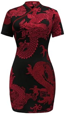 Floerns Women's Cheongsam Chinese Traditional Dragon Print Qipao Bodycon Mini Dress Black and Red Small