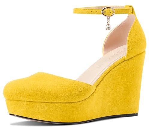 HDEUOLM Femmes Compensé Plate-Forme Talon Heel Rond Bout Escarpins Lanières Cheville Two-Piece Décontracté Classique 10 CM Heels Jaune 37 EU