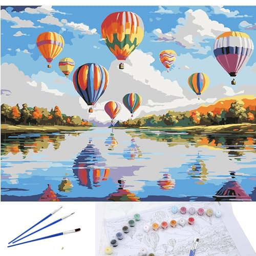 Exerz Lienzo enrollado por números, 30 x 40 cm, 20 colores, 2 pinceles, caja de regalo compacta, juego de arte de viaje ideal para niños y adultos, principiantes y artistas (globo)