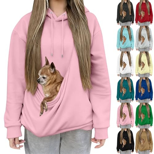 HUIFUAO Huvtröjor med kattficka roliga tröjor med kängurupåse plus storlek katt och hundbärare pullover söt husdjurshållare huvtröjor långärmade toppar för husdjursälskare, Svart, XL
