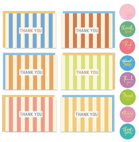 Giftinghouse 30 Thank You Cards Multipack with Envelopes – 6 Pastel Stripe Designs – 15 x 10 cm – Blank Inside – Ideal for Teacher, Wedding, Kids & Christmas – Made in the UK