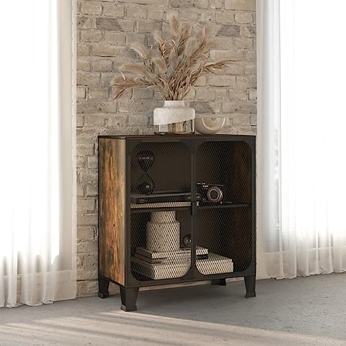 LoogCape Armoire de rangement en métal MDF marron rustique 72 x 36 x 82 cm, 2 portes en maille, verrouillable avec serrure, armoire multifonction pour bureau, chambre à coucher, couloir, cave, atelier