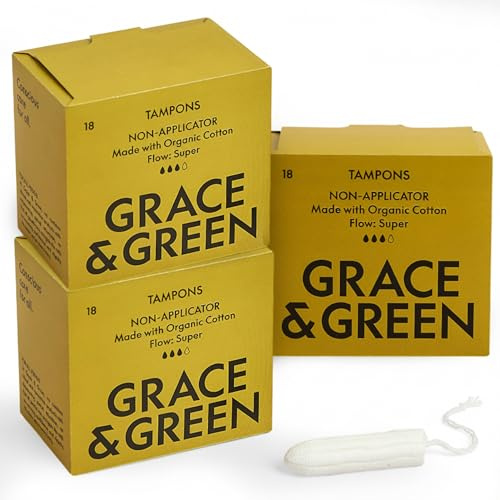 Grace & Green 45 Non-Applicator Tampons - Super Plus Size | Eco-Friendly Period Products | Biodegradable Packaging | B-Corp Certified | Safe & Sustainable | 3 x 15 Pack | No Dye, Bleach or Fragrance