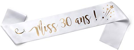 OLILLY - Écharpe Anniversaire Femme – Miss 30 Ans – Écharpe Blanche Satinée avec Inscription Dorée – Accessoire Festif pour Anniversaire – Idée Cadeau Originale (30 ans)