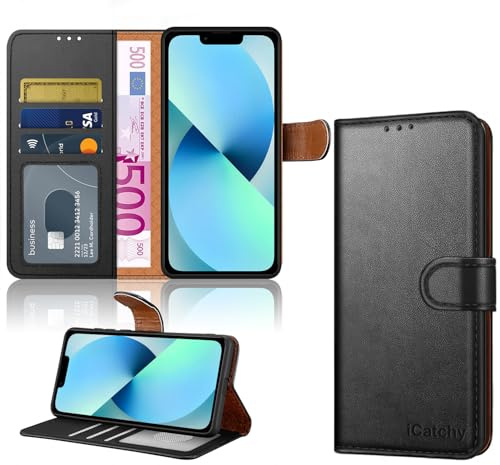 iCatchy for iPhone 13 Case, Premium Leather Wallet Case with [Card Holder] and [Kickstand], Magnetic Flip Protective Phone Case Cover for iPhone 13 (6.1-Inch) - Black