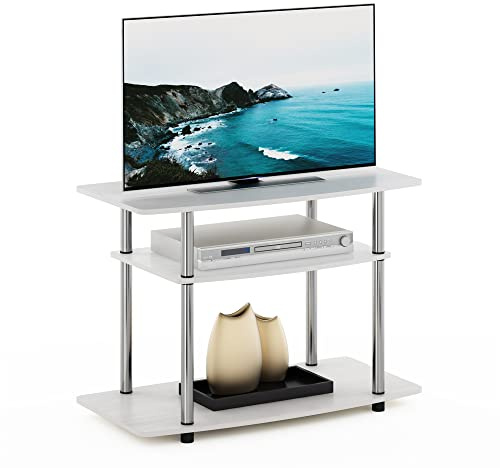 Furinno TURN-N-TUBE TV Stand, 3-Tier No Tools Entertainment Center, TV Console for TV up to 32 Inch, for Living Room, Bedroom, White Oak/Stainless Steel Tubes