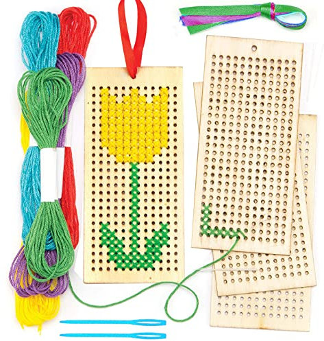 Kit di segnalibri in legno per punto croce, confezione da 4 pezzi, kit per ricamo a punto croce, con cornice per punto croce, aghi, fili, nastri, per bambini, principianti, progetti artistici fai da