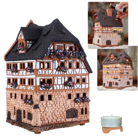 Midene Casetta luminosa in ceramica aromatica, portacandela, realizzata a mano, riproduzione artistica della casa di Norimberg, Germania, B263AR