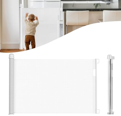 Aufun Trappskyddsgaller utdragbart dörrskyddsgaller, trapphusgaller, avstängningsgaller med barnsäkerhetssystem, dra ut 0–150 cm, för små barn, baby, (150 cm, vit)