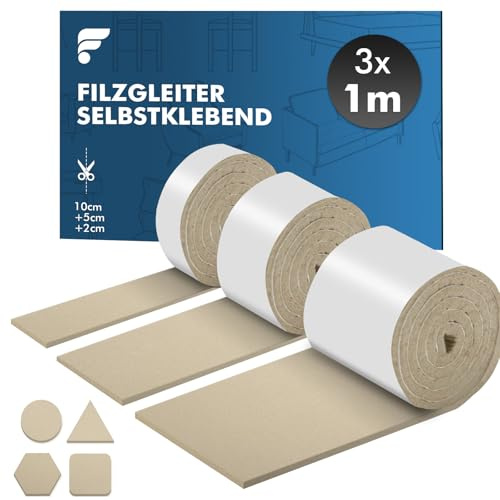 shinfly Patins pour Meubles Auto-Adhésifs, 3 Rouleaux de Feutre Autocollant 4 mm, Protection Sol et Meubles Anti-Rayure, Patin Chaise Découpable, 100 x 10 cm + 100 x 5 cm + 100 x 2 cm, Marron
