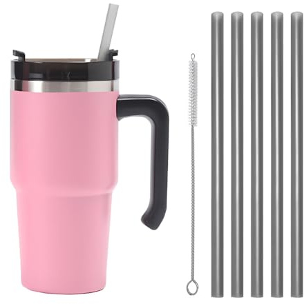 Moollyfox Edelstahl Vakuum Isolierbecher Doppelwandiger mit Griff Strohbürste und 5 Strohhalm Becher Tumbler Tragbare Autobecher Reisebecher für Wasser, Kaffee, Smoothie Getränke (Rosa, 20oz/600ml)