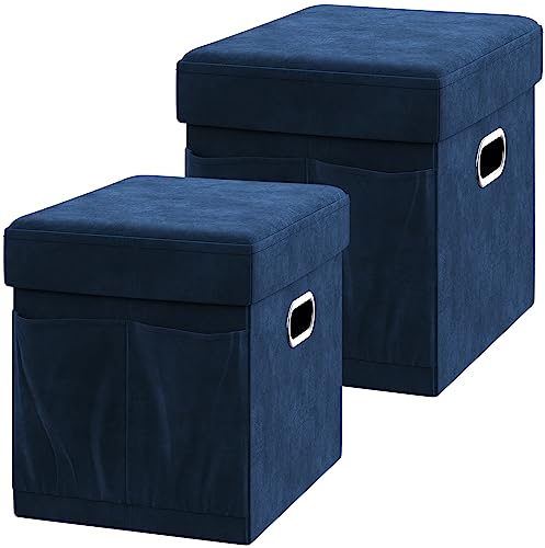 YITAHOME Sitzbank mit Stauraum Faltbare 40x31x31cm x2 in Samt blau - Sitzwürfel mit Stauraum und Deckel mit Samtbezug - Sitzcube Fußablage klappbare Aufbewahrungsbox Truhe Hocker
