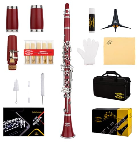 Glory GLY-CLARD Professional Ebonite Bb Clarinet with 10 Reeds, Stand, Hard Case, Cleaning Cloth, Mouthpiece Brush and Pad Brush,Red