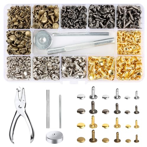 MXTIMWAN 360 Pièces Rivets en Cuir, Tubulaire Rivet avec Outils Fixation et Punch Pince, Goujons Tubulaires en Métal pour Portefeuille, Craft DIY