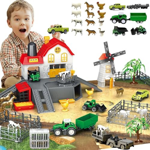 Frontoytall Farm Toy Set from 3 Years - 49-Piece Farm Animals Playset with Barn, Tractor, Truck, Fences & Durable Play Mat - Educational Toy for Children