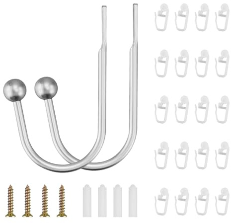 2 unidades de cortinas con forma de U, color gris plateado y gris con 20 deslizadores de cortina, alzapaños de metal para colgar en la pared, en forma de U, soportes para cortinas en forma de U