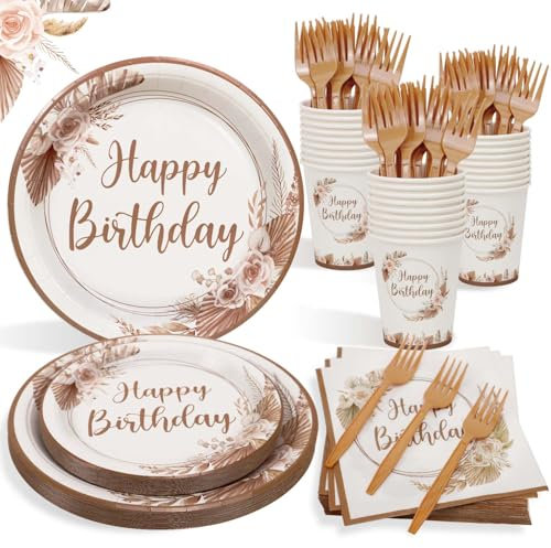 Heboland Partygeschirr Set Geburtstag für 25 Gäste, 125pcs Bohème-Stil Wiederverwendbare Partygeschirr Set Geburtstag für Geburtstagsdeko Mädchen und Frauen