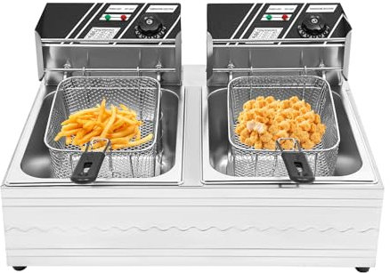 Freidora Eléctrica Doble de Acero Inoxidable 12L con Termostato Automático - 5000W 220V para Uso Comercial y Restaurantes - Incluye Escurridor de Aceite
