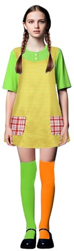 Koongso Kostüm-Set für Mädchen – Pippi-Kleid, Schürze und orange-grüne Strümpfe, Kinder-Buchcharakter, Pippi-Outfits, Weltbuchtag, Halloween-Kostüm