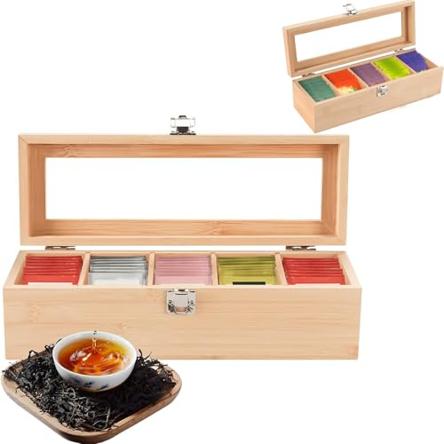mumisuto Tea Box,Wooden Detachable partition Tea Storage Box,Tea Bag Box Tea Bag Organizer with 5 compartments, Tea Box Organiser Storage, Tea Chest Container for Tea Bags,Sugar, Coffee Pods