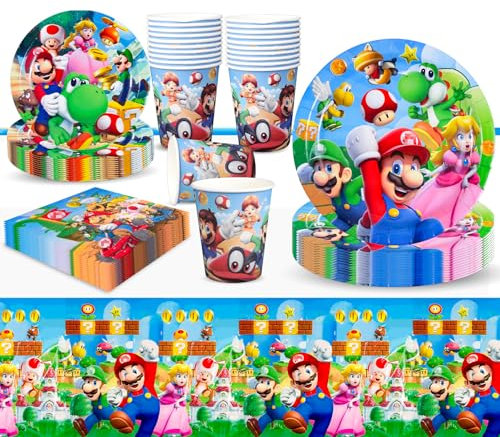 51PCS Super Bro Party Tableware Set, Birthday Decorations with Paper Plates Cups and Napkins Tablecloth, Party Supplies for Kids Boys Girls, 10 Guests
